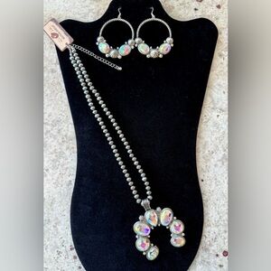 Beautiful Iridescent Stone Navajo Inspired Silver Colored Earring & Necklace